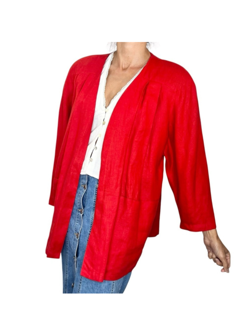Vintage Italian linen red pleated open front statement shoulder jacket blazer 40
